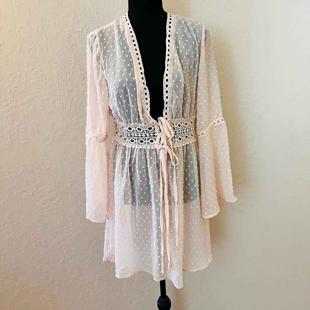 Sheer Swiss Dot Tie-Waist Swim Coverup in Light Pink